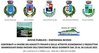 Proroga domande contributi a favore dei soggetti privati e delle attivit&agrave; economiche e produttive danneggiati dagli incendi dell&rsquo;oristanese nelle giornate dal 23 al 30 luglio 2021